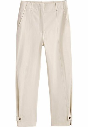 Beige bukser lavet af let stof med en skræddersyet pasform, to sidelommer og manchetter med knapper for justerbar længde.