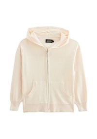 Haut de sweat à capuche zippé beige clair en tissu doux, doté d'une capuche, de deux poches frontales, de poignets côtelés et d'une texture lisse avec des détails de conception minimaux.