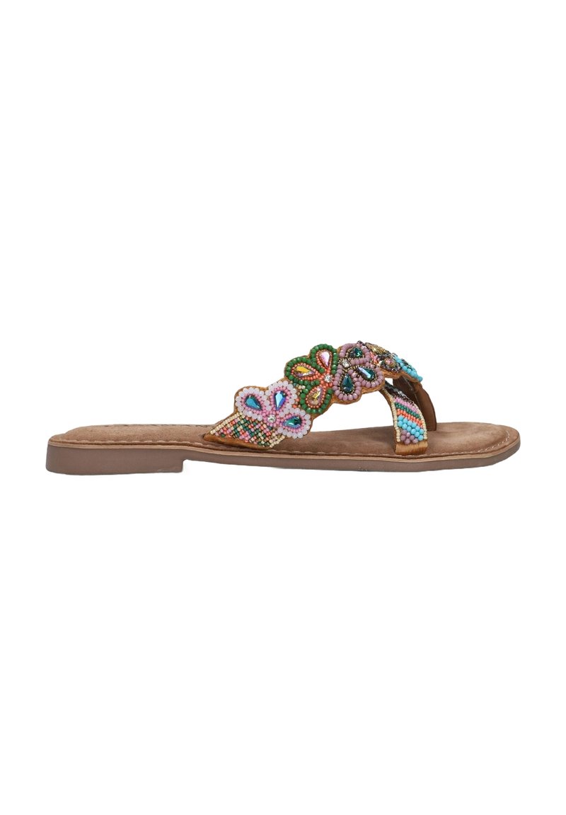 Gebeade slide sandal met een bruine neplederen basis, versierd met kleurrijke bloemmotieven en een platte rubberen zool.