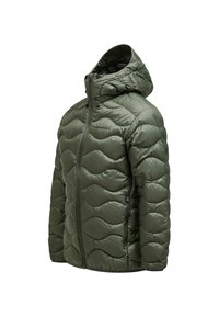 Green puffer jacket with a hood, featuring a quilted design and smooth texture. Zipper closure and adjustable elements are included.