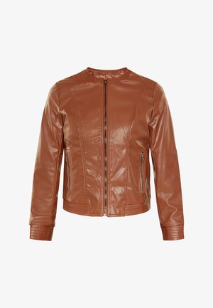 Braune Kunstlederjacke mit Reißverschluss auf der Vorderseite, gerippten Bündchen und zwei Seitentaschen. Verfügt über einen runden Halsausschnitt und ein tailliertes Design.