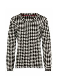 Schwarzer und cremefarbener Hahnentritt-Musterpullover mit langen Ärmeln, rundem Halsausschnitt und glatter Textur. Mit einem kontrastierenden Saum.