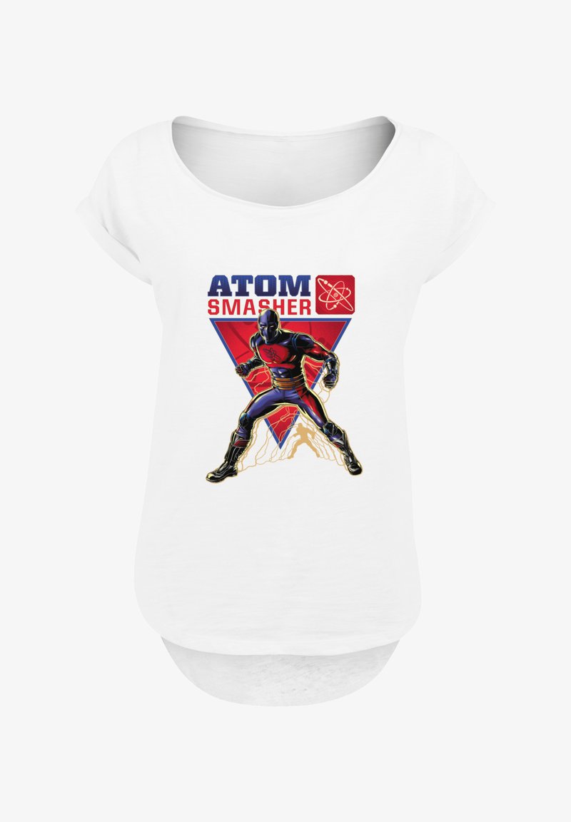 White t-shirt featuring a graphic print of a character labeled "ATOM SMASHER" in bold red and blue, with a triangular design background.