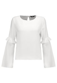 Blouse blanche à manches longues avec encolure ronde et détail volanté au-dessus des larges manches cloche, ouverture boutonnée dans le dos au niveau de l'encolure.