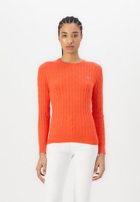 Pull en maille torsadée orange avec un col rond, des manches longues, des poignets et un ourlet côtelés. Petit logo sur la poitrine. Texture lisse.