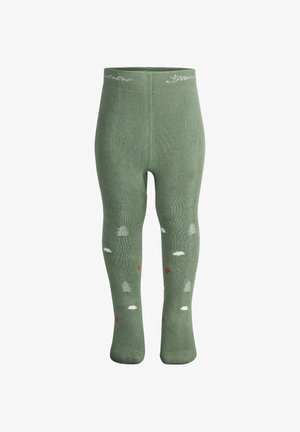 Green knitted tights featuring light gray trees and red accents. Soft texture with elastic waistband and ribbed design.