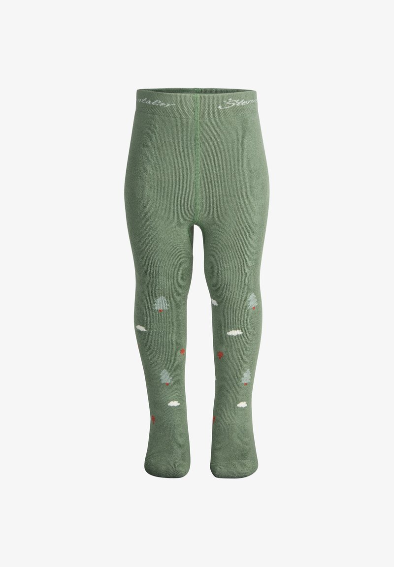 Green knitted tights featuring light gray trees and red accents. Soft texture with elastic waistband and ribbed design.