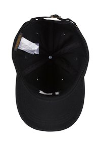Căciulă de baseball din bumbac negru, cu o formă rotunjită, cusături interioare, gauri de ventilație și un etichetă atașată pe interior.