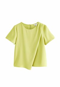 Top a maniche corte in un vivace verde lime, con scollatura rotonda, una texture liscia e un sottile design drappeggiato con cerniera sul retro.