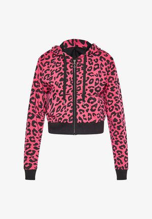 Gekürzter Hoodie in leuchtendem Pink mit schwarzem Leopardenmuster. Verfügt über einen Frontreißverschluss, eine Kapuze mit Kordelzug und schwarze gerippte Bündchen und Saum.