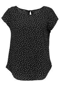 Czarny top z krótkim rękawem, ozdobiony rozproszonym wzorem białych kropek. Okrągły dekolt z tylnym wycięciem w kształcie klucza. Miękki, lekki materiał.