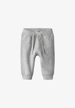 Sive pamučne hlače trenerke s teksturiranim završetkom, elastičnim pojasom i vezicama. Nabranjeni rubovi i suptilni šareni uzorak.