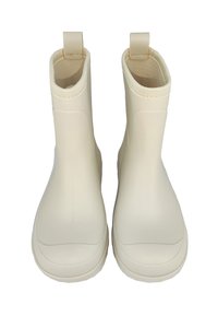 Bottes de cheville blanches en caoutchouc avec une doublure intérieure texturée, semelles plates et deux languettes à l'arrière pour un enfilage facile.