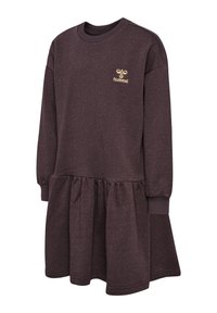 Lila sweatshirtklänning med långa ärmar, texturerad tyg, resårmidja och elastiska ärmslut. Har en guld broderad logotyp på bröstet.