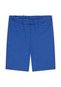 Niebieskie szorty w cienkie czarne poziome paski z elastycznym paskiem w talii, rozłożone na białym tle.