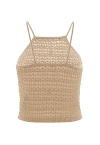 Top corto in maglia beige con una texture a motivi, caratterizzato da spalline sottili e una silhouette aderente, realizzato in un filato morbido e leggero.