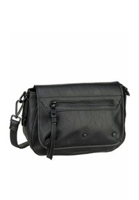 Borsa a tracolla nera in pelle con una finitura testurizzata, tasca con zip, tracolla regolabile e due borchie decorative nella parte anteriore. Design compatto e pratico.