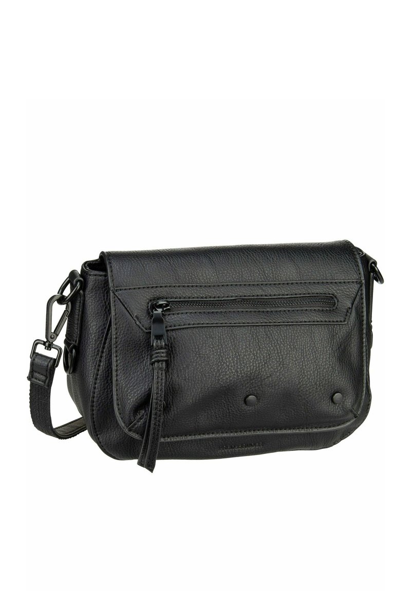 Borsa a tracolla nera in pelle con una finitura testurizzata, tasca con zip, tracolla regolabile e due borchie decorative nella parte anteriore. Design compatto e pratico.