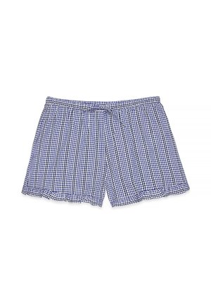 Shorts à carreaux bleu et blanc en gingham, fabriqués en tissu léger, avec une taille élastique et un cordon de serrage, offrant une coupe décontractée.