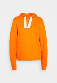 Felpa arancione con cappuccio, maniche lunghe, cordini bianchi, vestibilità comoda e texture morbida. Nessun motivo o logo visibile.