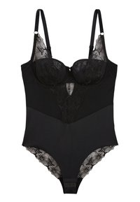 Body noir avec des accents en dentelle florale, bonnets à armatures, bretelles ajustables et fermeture à pression en bas. Tissu mat doux.