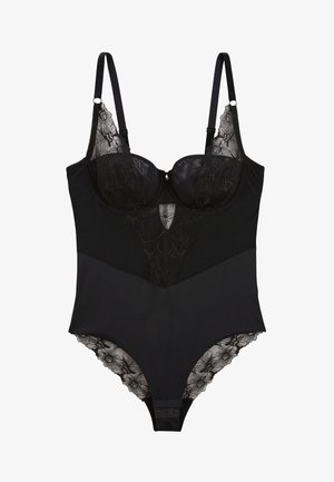 Body noir avec des accents en dentelle florale, bonnets à armatures, bretelles ajustables et fermeture à pression en bas. Tissu mat doux.