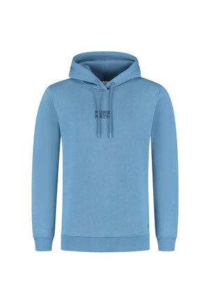 Lichtblauwe hoodie van zachte stof, met een voorzak, een capuchon met trekkoord en geborduurde tekst "PURE PATH" op de borst.