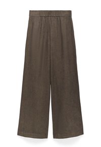 Pantaloni a gamba larga in marrone scuro, realizzati in tessuto morbido con una vita elastica. Presentano una superficie liscia e un design a lunghezza completa.