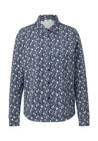 Blau-weiß gemustertes Hemd mit Knopfleiste, Kragen, langen Ärmeln und einem leichten, glatten Stoff mit abstrakten Formen.