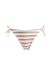 Randig bikiniunderdel i rosa, grön och vit färg. Har knytningar på sidorna med träpärlor som dekoration. Stretchig, texturerad tyg.