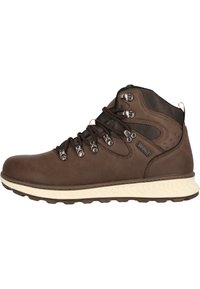 Braune Lederschnürstiefel für Wanderungen mit gepolstertem Schaft, robusten Schnürsenkeln, metallischen Ösen und einem strukturierten Netzpaneel, ausgestattet mit einer kontrastierenden cremefarbenen Sohle.