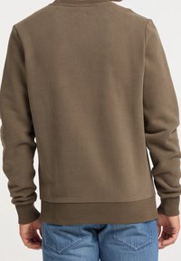 Brown sweatshirt with ribbed hem and cuffs, featuring a smooth texture. Standard fit, crew neckline, and simple, unadorned design.