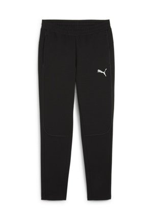 Pantaloni sportivi neri con tessuto testurizzato, cintura elastica, due tasche laterali e un dettaglio riflettente con logo sulla coscia sinistra.