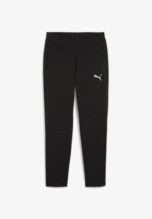 Schwarze Sporthosen aus strukturiertem Stoff, mit elastischem Bund, zwei Seitentaschen und einem reflektierenden Logodetail am linken Oberschenkel.