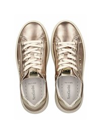 Metallic rose gold sneakers with white laces, padded collar, and silver studs on the sides. Features a cushioned insole and soft lining.