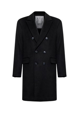 Cappotto doppio petto nero in lana con rever a incavo, sei bottoni, due tasche frontali con patta e un'etichetta dettagliata all'interno del colletto.