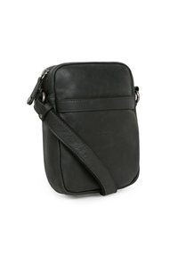 Borsa a tracolla in pelle nera con chiusura a zip, tasca piatta sul davanti, tracolla regolabile e logo inciso in modo sottile sul lato.