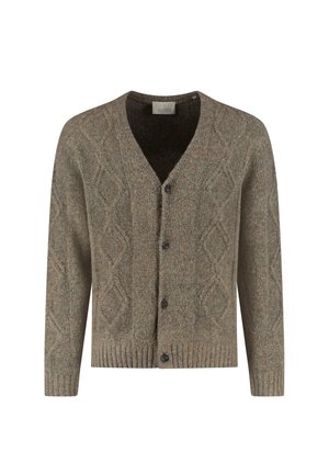Bruine gebreide cardigan met ruitpatroon, V-hals, geribbelde mouwen en zoom, en een sluiting aan de voorkant met vier donkere knopen.