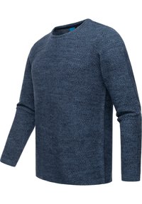Dunkelblauer Strickpullover mit Rundhalsausschnitt, langen Ärmeln und einem strukturierten Muster. Der Stoff ist weich und hat eine leicht lockere Passform.