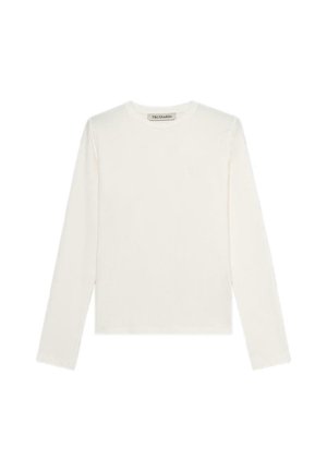 T-shirt bianca a maniche lunghe realizzata in tessuto morbido, con scollatura rotonda e un piccolo logo accentato sul petto. Design semplice e aderente.