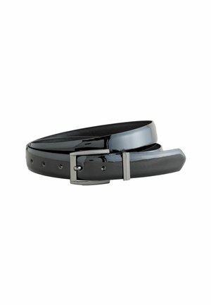 Black patent leather belt with a sleek, glossy finish, featuring a silver-tone rectangular buckle and multiple adjustment holes.