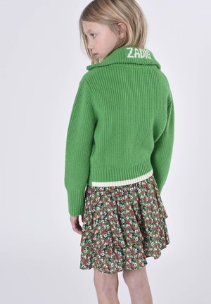 Pulover verde tricotat cu un guler lat și textul "ZADIG", asortat cu o fustă cu imprimeu floral, cu volane, în nuanțe de roșu și verde.