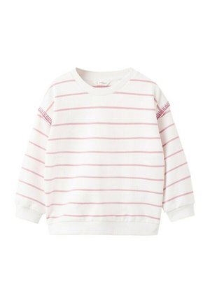 Biela mikina s dlhým rukávom s jemnými svetloružovými vodorovnými pruhmi a rebrovanými manžetami, lemom a výstrihom, položená na bielom pozadí.