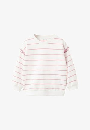 Biela mikina s dlhým rukávom s jemnými svetloružovými vodorovnými pruhmi a rebrovanými manžetami, lemom a výstrihom, položená na bielom pozadí.