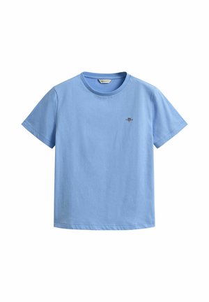 T-shirt in cotone azzurro chiaro a maniche corte con scollo rotondo e piccolo logo ricamato sul petto a sinistra su sfondo bianco.