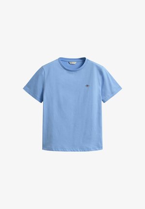 T-shirt in cotone azzurro chiaro a maniche corte con scollo rotondo e piccolo logo ricamato sul petto a sinistra su sfondo bianco.