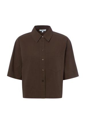 Braunes, kurzärmeliges, bauchfreies Hemd mit Knopfleiste, Kragen und einer einzelnen Brusttasche.