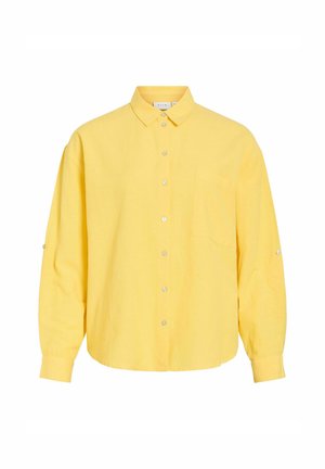 Geel overhemd met lange mouwen, knopen, een kraag, een borstzak en knoopdetails op de mouwen en de voorbies.