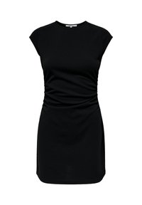 Robe noire sans manches, longueur genoux, avec taille froncée et encolure ronde.