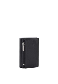 Zwarte leren portemonnee met een gestructureerde afwerking, voorzien van een ritscompartiment en een compact rechthoekig ontwerp.
